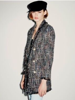 Zara Woman Black Multi Tweed Double-Breasted Blazer Jacket Medium
